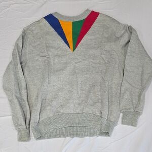Gray Crewneck Sweater with Colorful Geometric Design